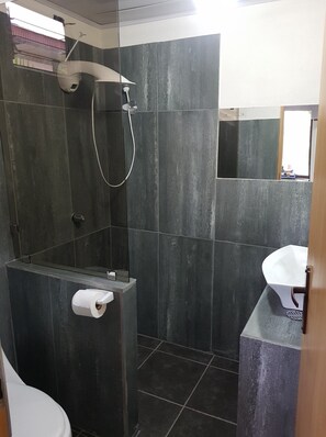 Shower, towels, soap, toilet paper