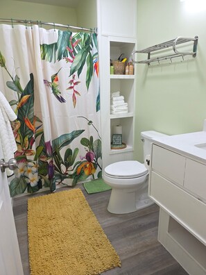 Ducha, secador de pelo, toallas, jabón