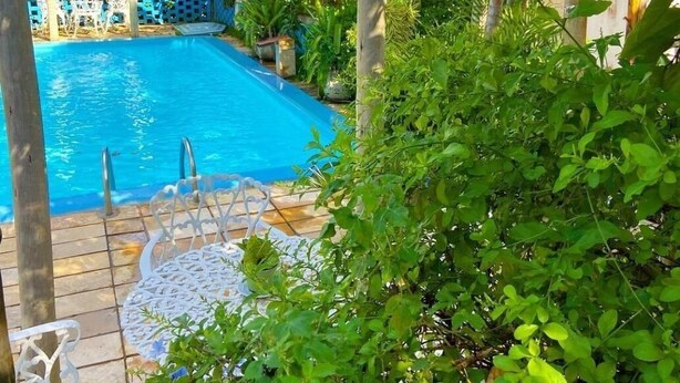 Un espace piscine avec une eau d’un bleu limpide, entouré d’une végétation luxuriante et agrémenté d’une pergola.