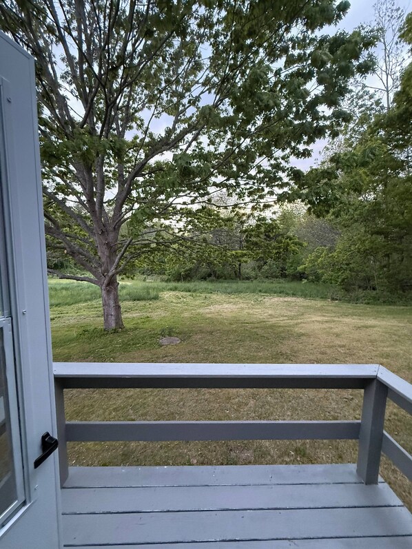A view from a porch with a wooden railing, overlooking a grassy area with a large tree and a fence in the background.