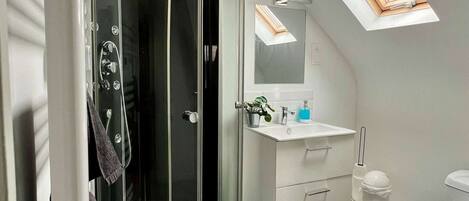 Shower, hair dryer, towels