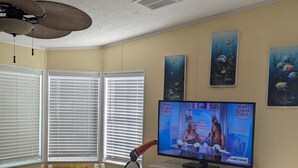 Een woonkamer met een televisie waarop een programma draait, een plafondventilator en een raam met jaloezieën.