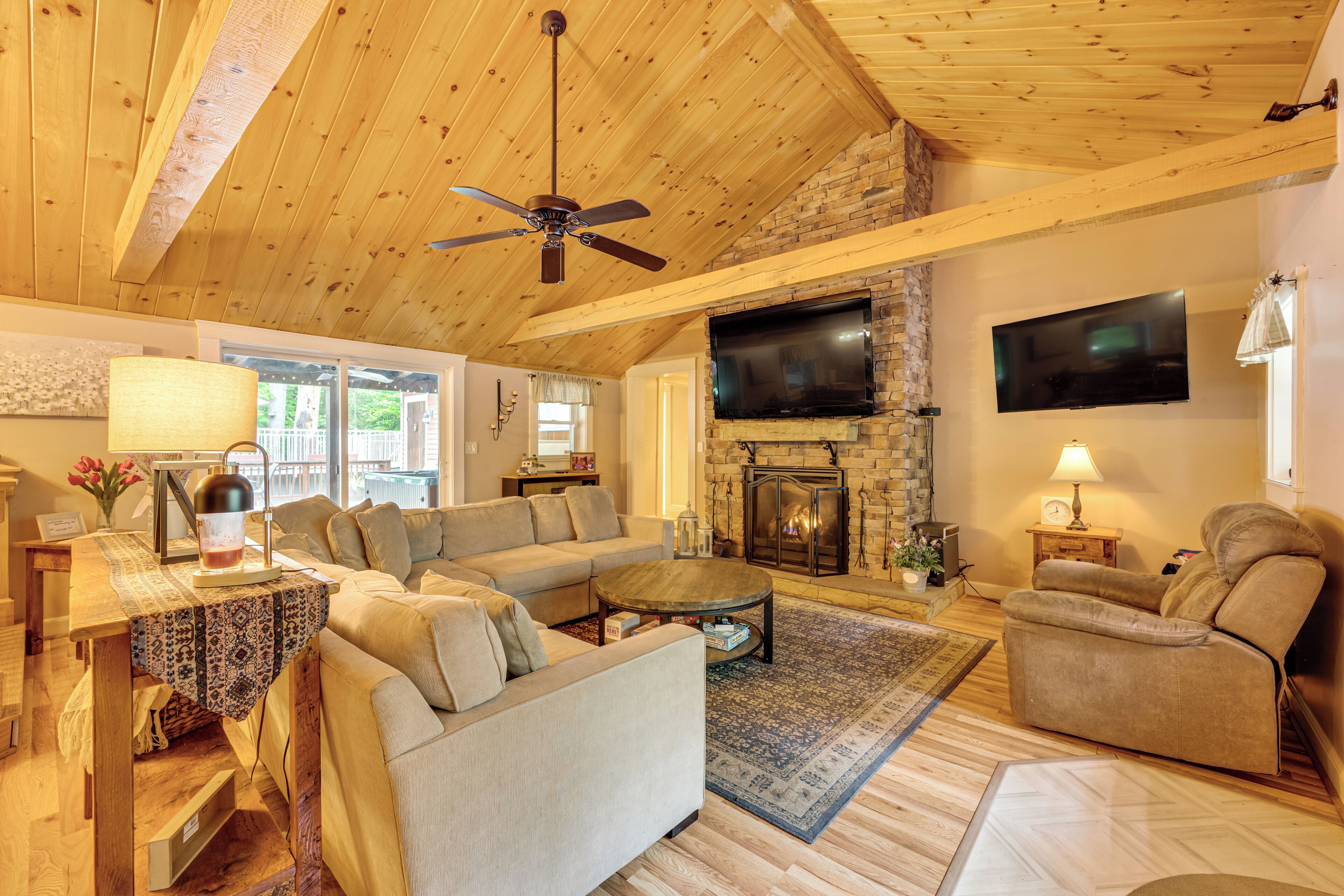 TV, fireplace, books