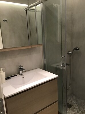 Shower, towels, toilet paper