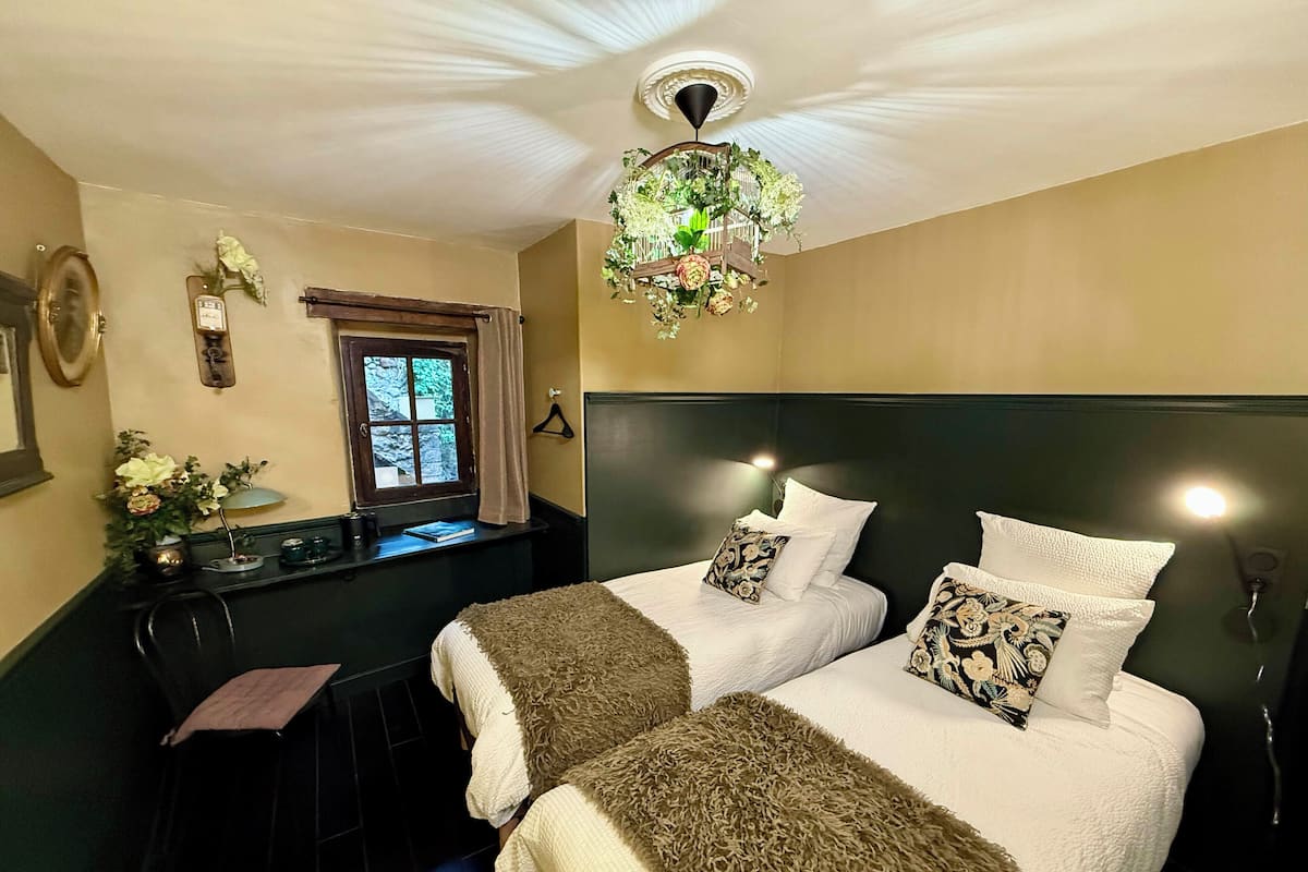 Hotelkamer met twee bedden, een kroonluchter, een raam met gordijnen en een kleine tafel met een plant.