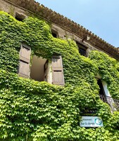 Un edificio cubierto de hiedra verde, con dos ventanas y un letrero que indica un restaurante en la calle.