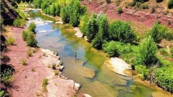 Un río serpentea por un paisaje rocoso con vegetación en las orillas.