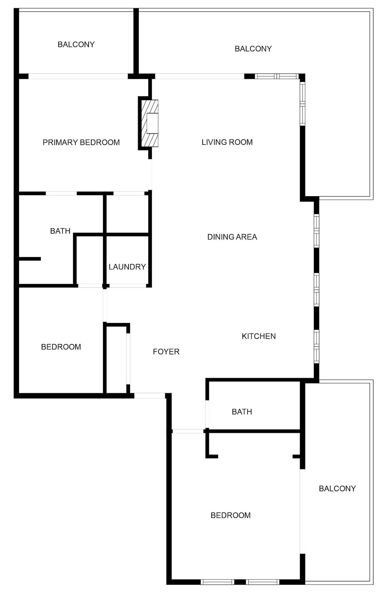 A floor plan with a primary bedroom, balcony, dining area, kitchen, living room, and two bedrooms.