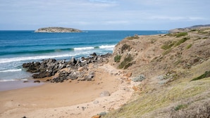 A coastal landscape with a sandy beach, rocky outcrops, and a small island in the distance. - Saltys—Oceanfront Retreat near Dining & Bay Walks (Victor Harbor)