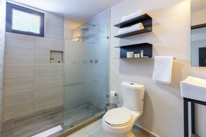 A modern bathroom with a glass-enclosed shower, a toilet, and built-in shelves with towels. - Lofts by Verticca San Francisco (Tecámac)