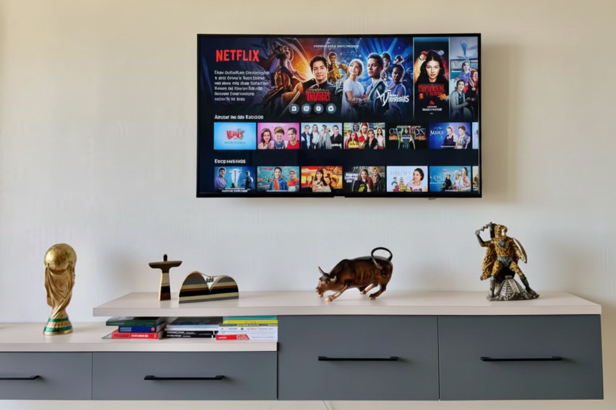 A flat-screen TV mounted on a wall displaying a Netflix interface with various movie thumbnails. Below the TV, there is a white console with drawers and decorative items including a bust, a bull figurine, and a knight statue.