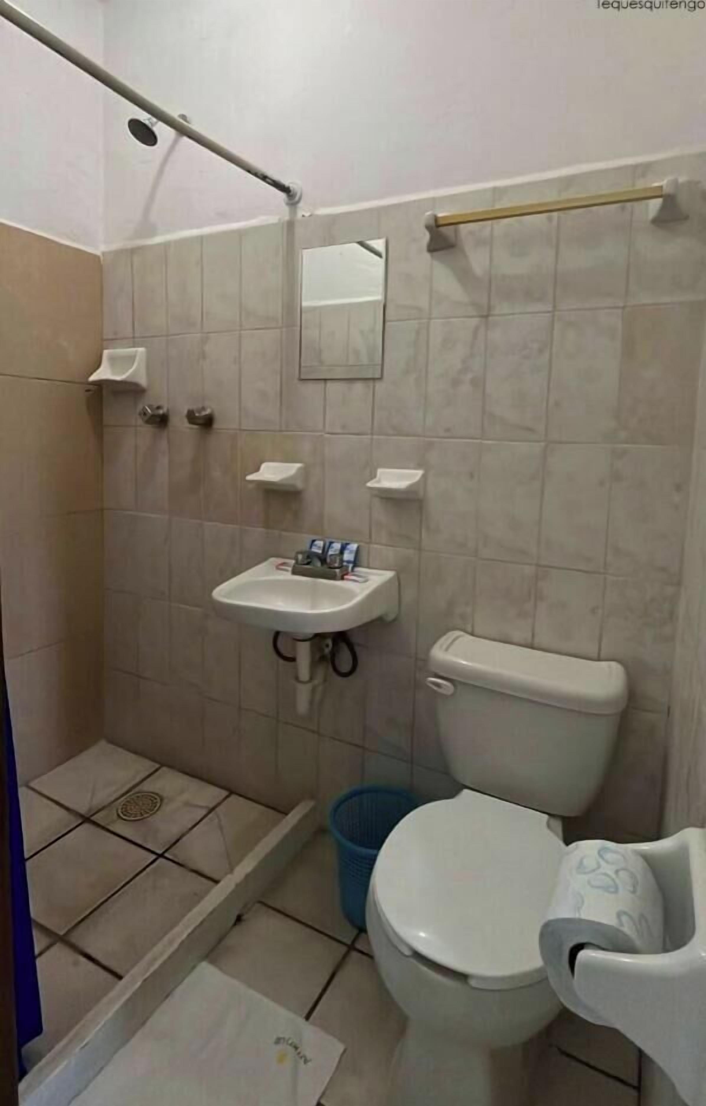 A bathroom with a shower, toilet, sink, and a mirror.