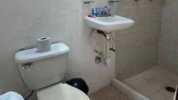 Casa de banho com sanita, lavatório e zona de duche.
