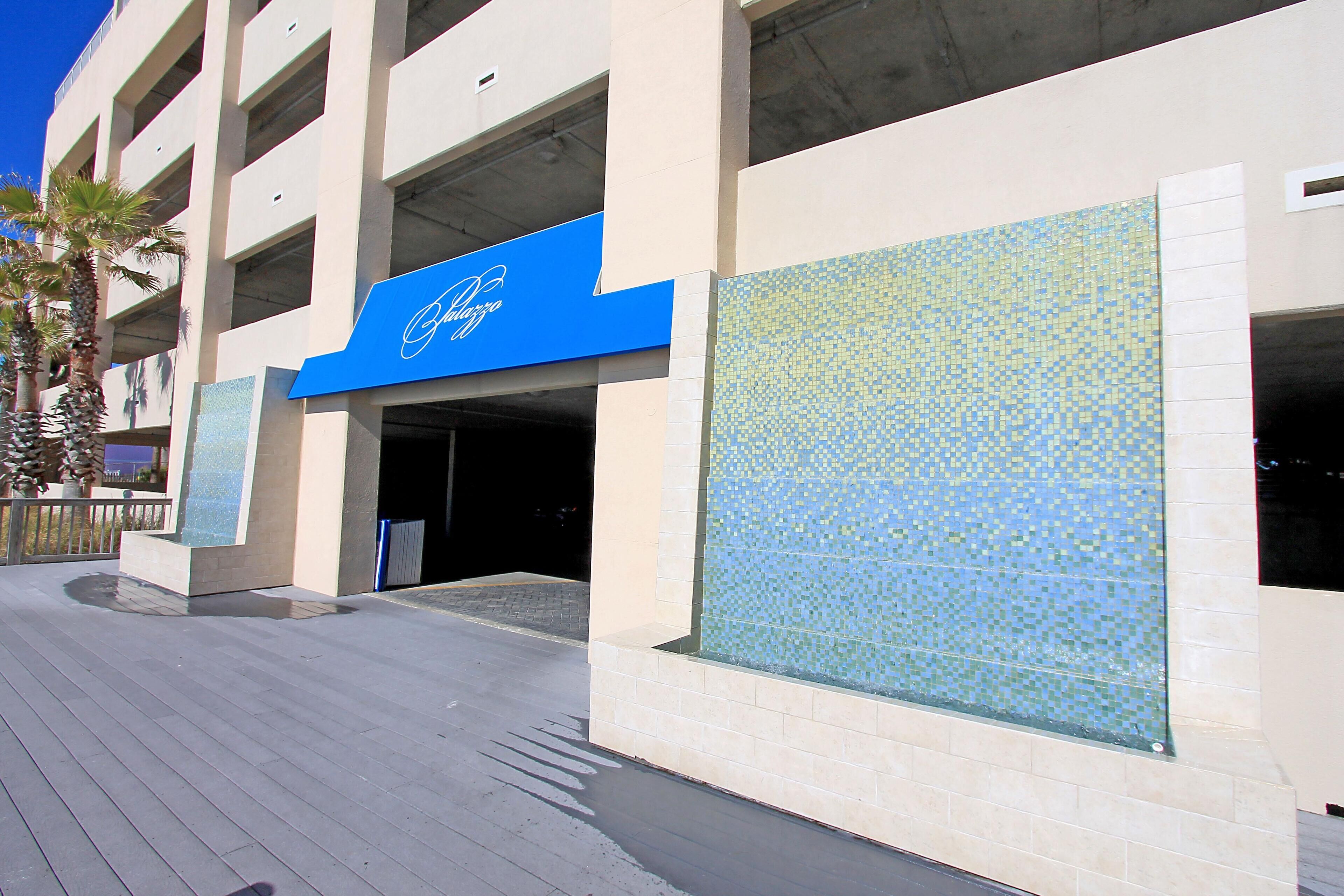 A building with a blue sign reading "Chateau."