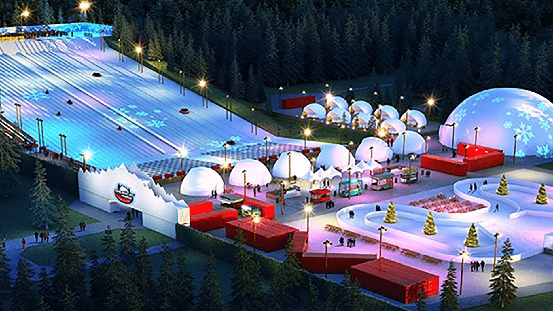 Un resort con temática invernal, con senderos cubiertos de nieve, estructuras en forma de cúpula y un edificio central con techo rojo.