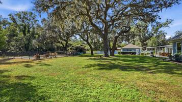 A spacious grassy yard with large trees and a building in the background.