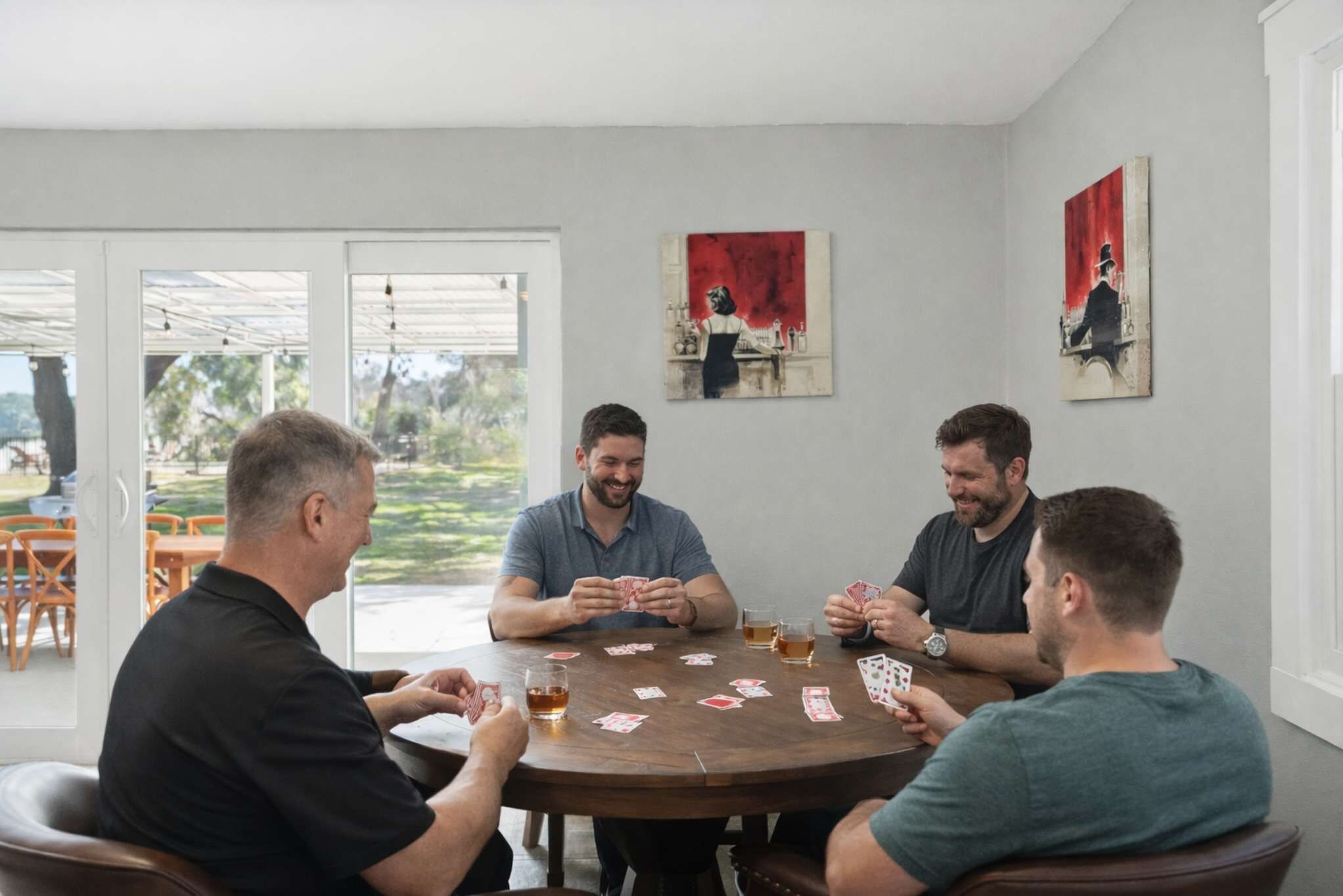 A group of four men playing cards at a round table in a room with two paintings on the walls and a view of the outdoors through a glass door.