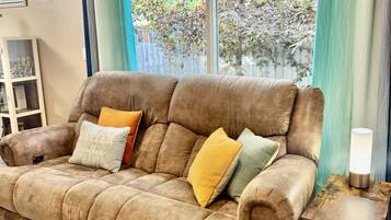 TV, fireplace, books, offices