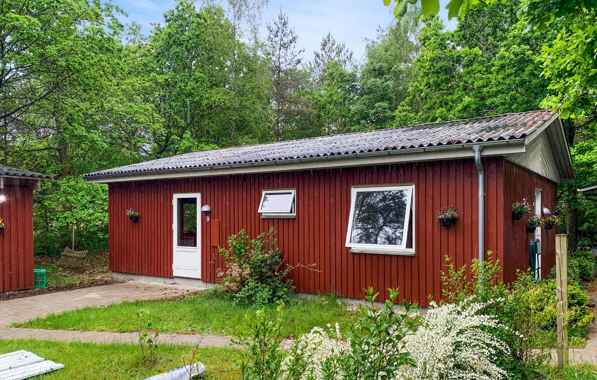 A red wooden cabin with a white door and windows, surrounded by greenery and trees.