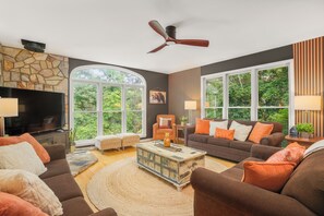 Smart TV, fireplace, video games, foosball