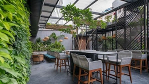 Une terrasse extérieure avec une table et des chaises, entourée de verdure et d’une clôture en métal.