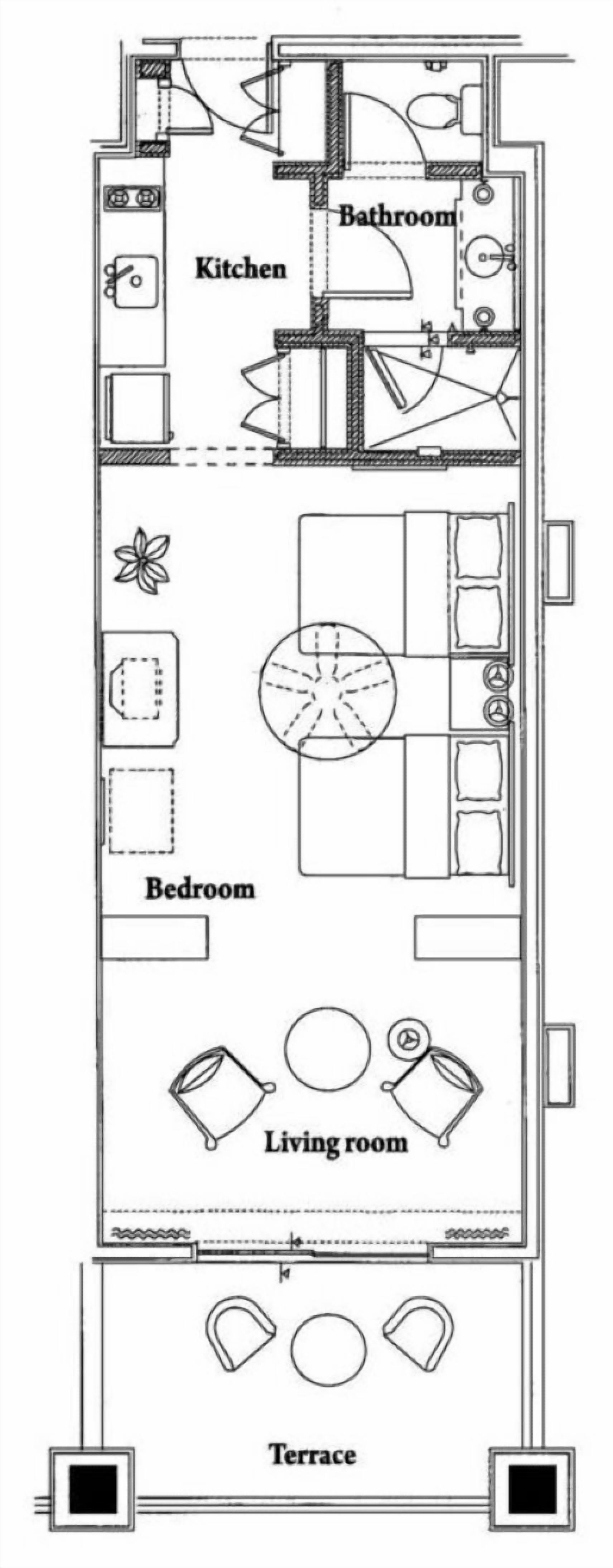 Ein Grundriss mit Küche, Bad, Schlafzimmer, Wohnzimmer und Terrasse.