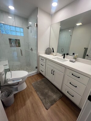 Shower, hair dryer, bidet, towels