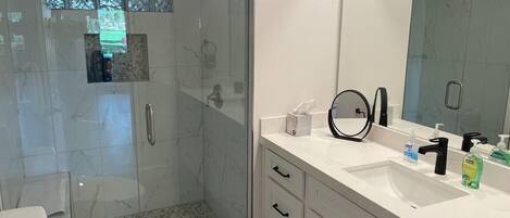 Shower, hair dryer, bidet, towels