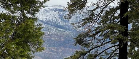 A mountain landscape with snow-covered peaks and dense forest.