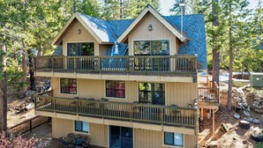 A multi-story wooden cabin with a deck, large windows, and a chimney. - Yosemite Aviary and Quail Within Yosemite - 2 Separate Units, Up To 14 Guests! (Yosemite National Park)