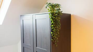 A room with a dark wooden wardrobe and a hanging plant.