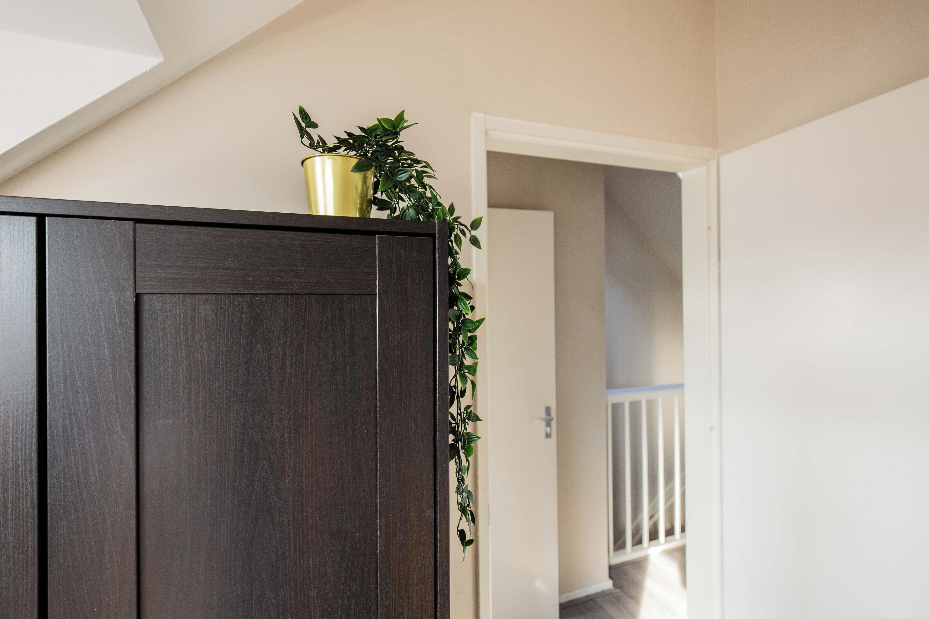 A dark wooden cabinet with a plant on top.