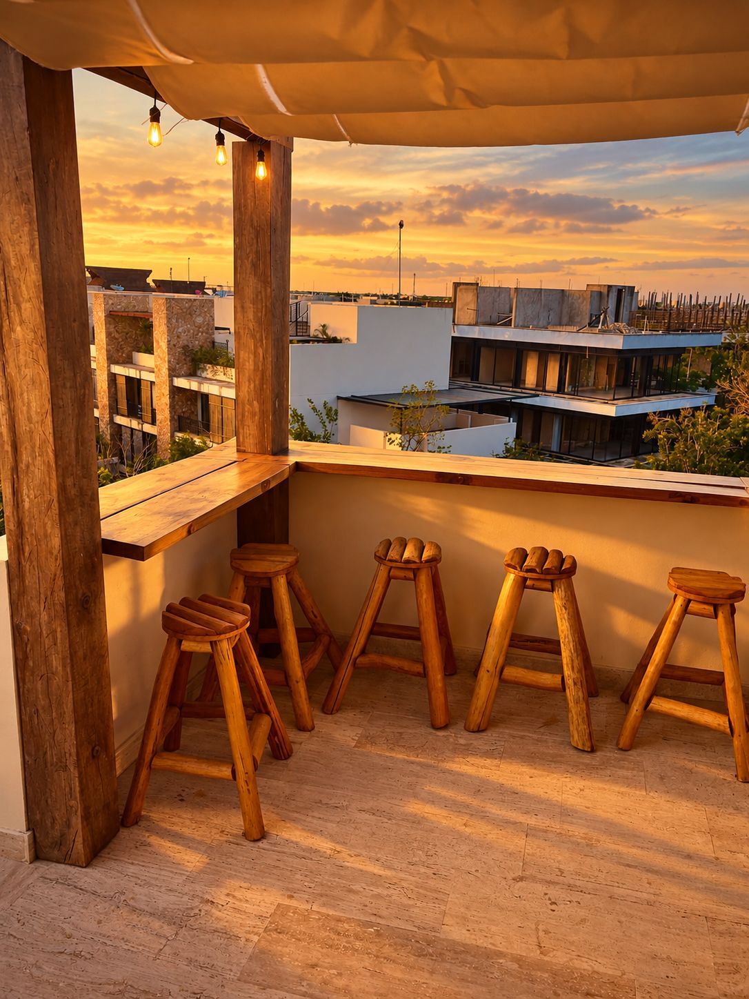 Une terrasse sur le toit, avec des tabourets en bois et un espace bar, offrant une vue sur le paysage urbain au coucher du soleil.
