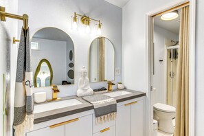 Hair dryer, towels, soap, toilet paper