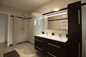 Hair dryer, towels, toilet paper