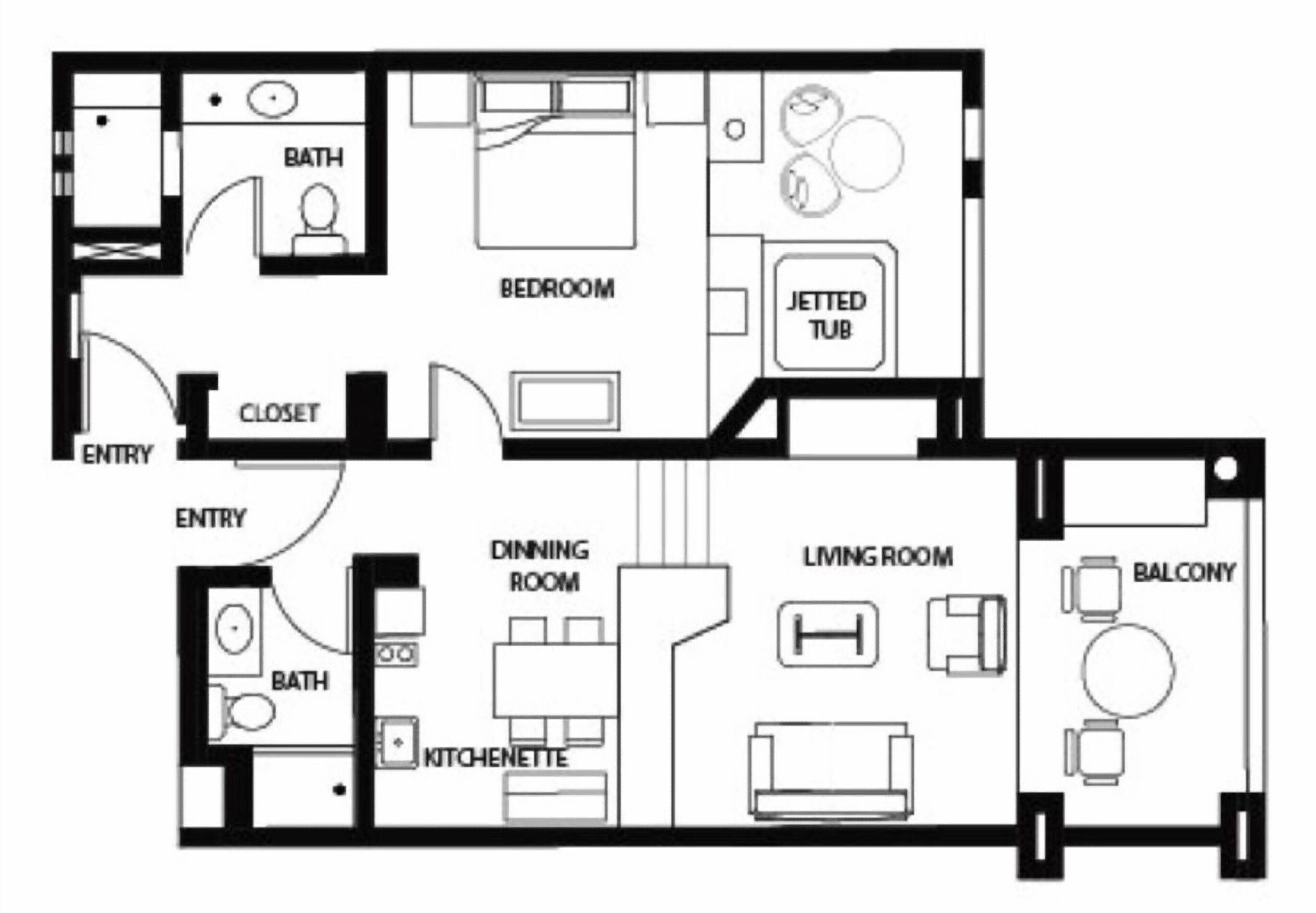 Un hôtel proposant des chambres dotées d’une chambre à coucher, d’une salle de bain, d’une salle à manger, d’une kitchenette, d’un salon et d’un balcon.