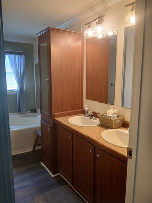 Hair dryer, towels, soap, toilet paper