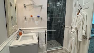 Hair dryer, towels, soap, shampoo