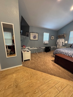 A bedroom with a bed, a desk, a chair, a TV, and a window. - Stay in Glen Ellen in the heart of Sonoma best wineries.  (Glen Ellen)
