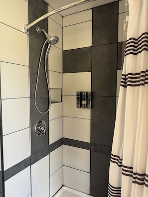 Hair dryer, towels, soap, shampoo
