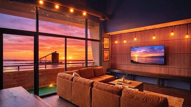 Ein modernes Wohnzimmer mit einer großen Couch, einem Holztisch und einem an der Wand montierten Fernseher mit Blick auf einen Sonnenuntergang über einer Brücke.