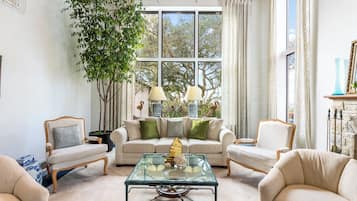 House, Multiple Beds, Patio, Ocean View (Heavenly Carmel) | Living area | 42-inch flat-screen TV with digital channels, fireplace