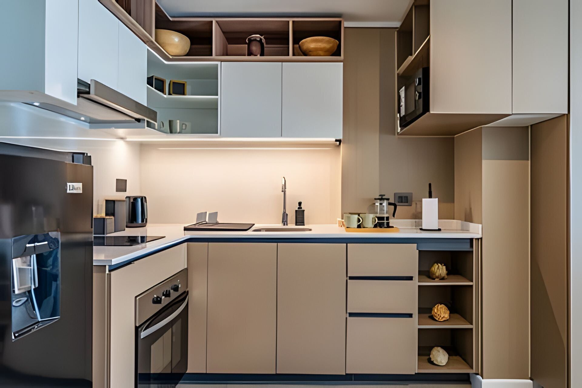 A modern kitchen with built-in appliances, a central island, and open shelving with decorative items.