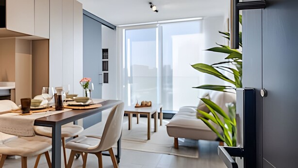 A modern living room with a sofa, a dining table with chairs, and a kitchen area with cabinets and a refrigerator. - Santa Elvira Apartments (Santiago)