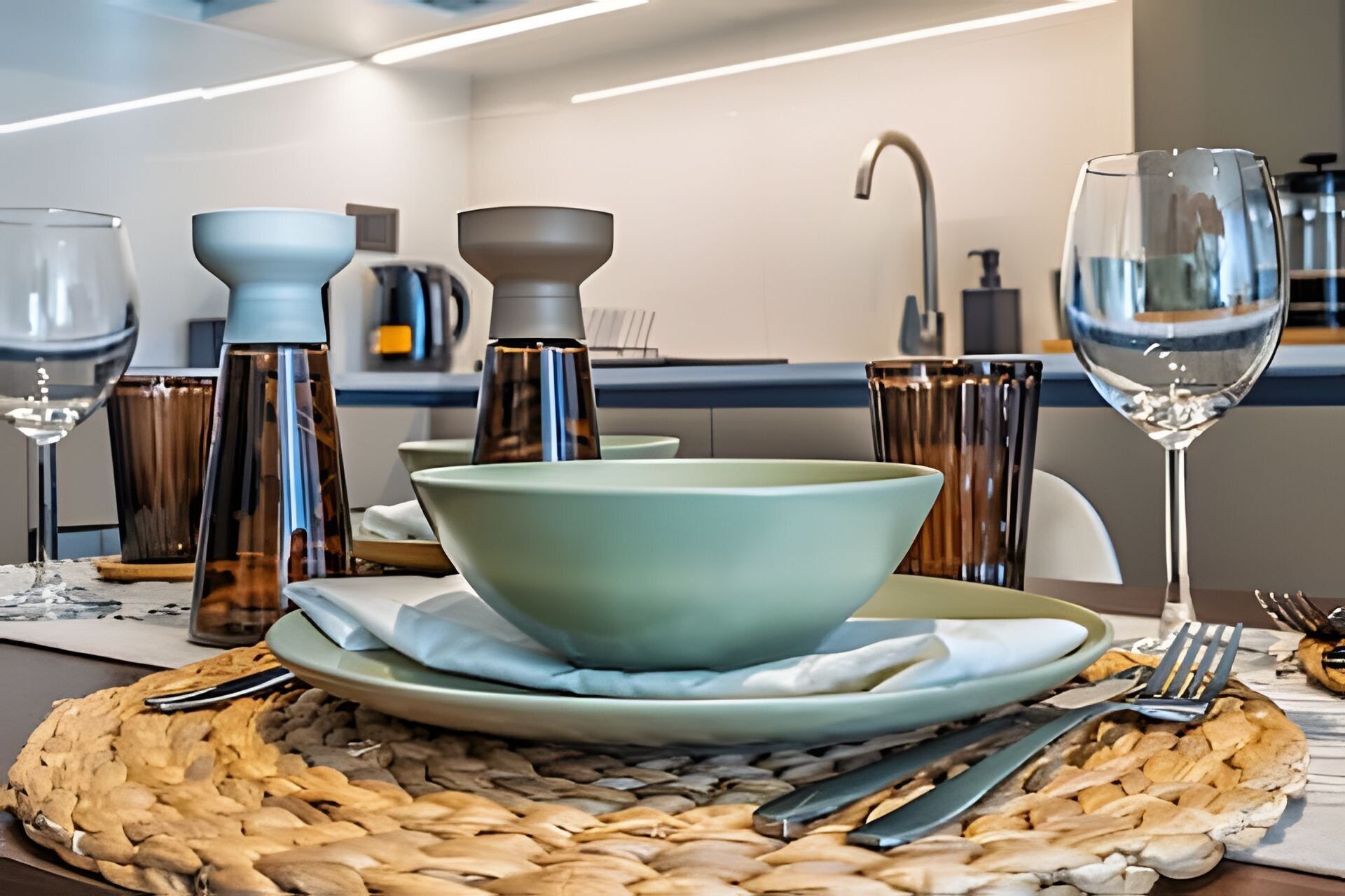 A dining table set with a light blue bowl, plates, cutlery, and glasses, with a woven placemat underneath.