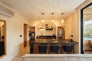 Fridge, microwave, toaster, cookware/dishes/utensils