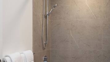 Hair dryer, towels, soap, shampoo