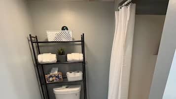 Hair dryer, towels, soap, shampoo