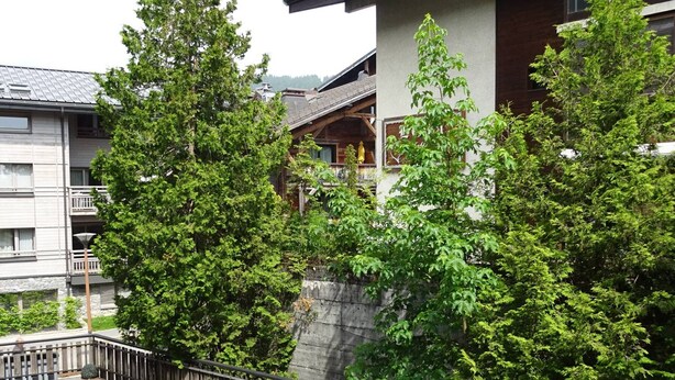 A residential building with a balcony, surrounded by lush green trees.