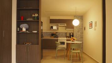 Fridge, microwave, oven, stovetop